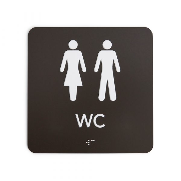 Taktil wc-skylt med pictogram, rektangulär med rundade hörn, mörkgrå med vita figurer som visar gemensam wc för både damer och herrar